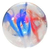 a clear marble with blue and red lines running through it